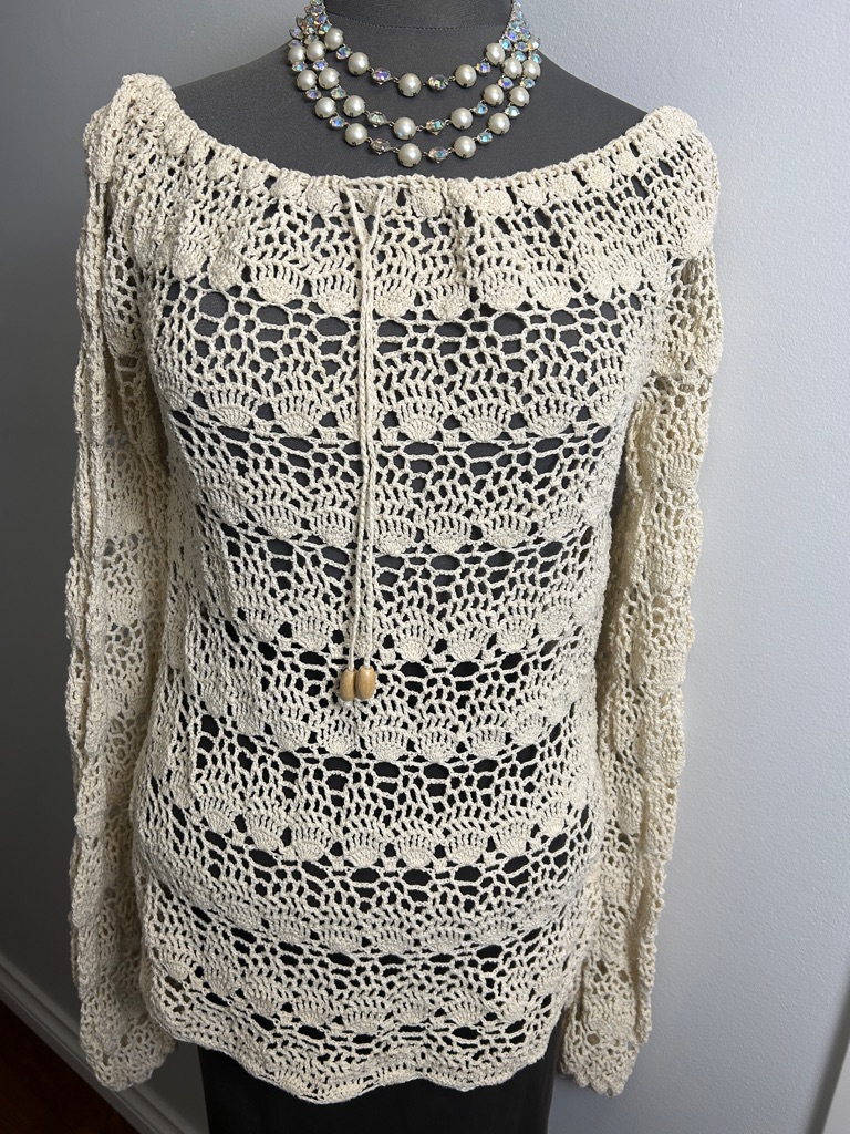 Handmade Fully Crochet Knit Extra Long-Sleeve Cream Top Adjustable Neckline